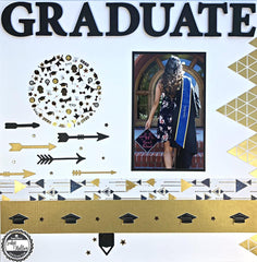 scrapbook page featuring young woman on her graduation day walking up the steps of a building holding her cap and gown.