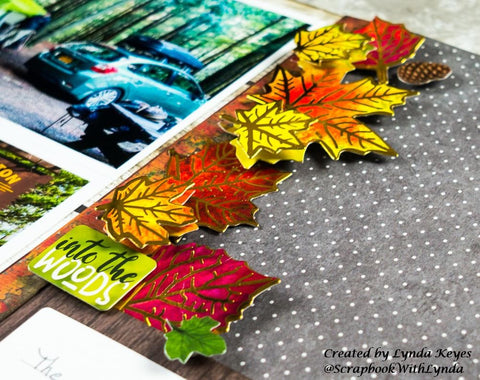 Close-up of autumn leaves 3D stickers showing dimension and gold foil accents