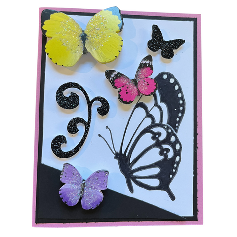 handmade note card featuring a hand-drawn butterfly silhouette surrounded by color 3D butterfly stickers.