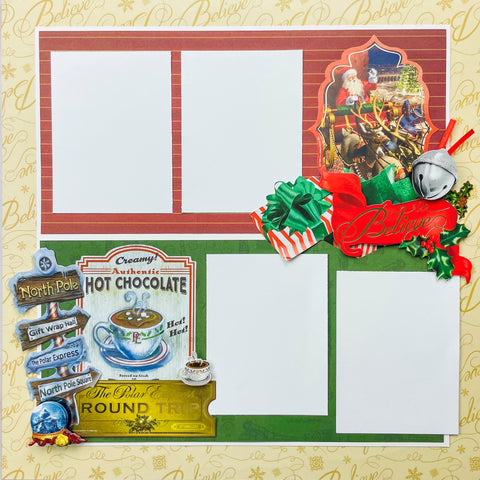 Scrapbook page layout featuring Polar Express stickers and four photo placeholders