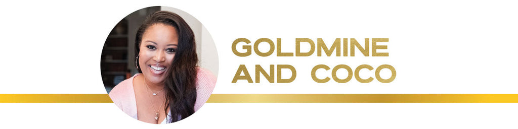 Headshot of Goldmine and Coco founder, Felicia, set inside a circle with the words Goldmine and Coco in gold letters