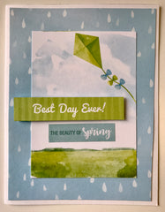 Handmade note card with illustrated kite on blue background, sentiment reads "Best Day Ever" and "the Beauty of Spring"