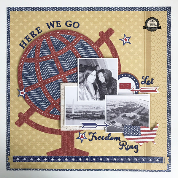 scrapbook page featuring patriotic red white and blue design, embellished with scrapbook stickers