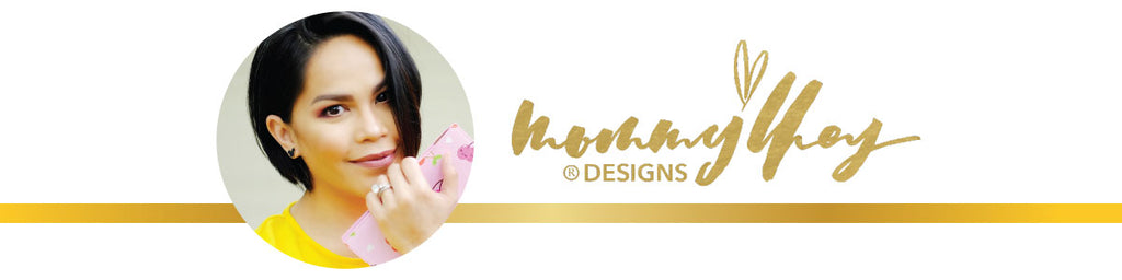 Mommy Lhey banner with artist's headshot and logo with gold border