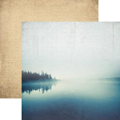 2-sided scrapbook paper showing a misty lake on one side and a tan burlap texture on the other side