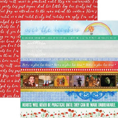 Wizard of Oz Borders scrapbook paper is multi-colored on side A and bright red with Wizard of Oz quotes printed in white letters