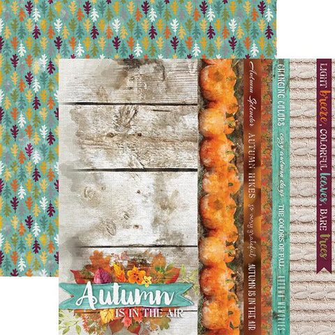 double-sided, 12x12 scrapbook paper featuring autumn motifs in a rich turquoise, orange, burgundy, and taupe color scheme.