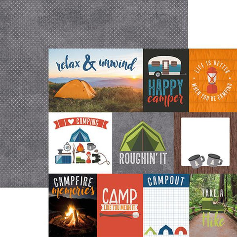 double-sided, 12x12 scrapbook paper featuring fine white dots against a charcoal grey background on one side, and 10 camp-themed cut-outs on the other in warm color tones.