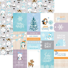 Sheet of "Snow Much Fun" double-sided scrapbook paper. Front has a grid of wintery sentiments, and the back has illustrations of small playful snowment