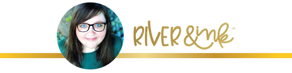 River and Ink banner with artist headshot, logo, and gold border