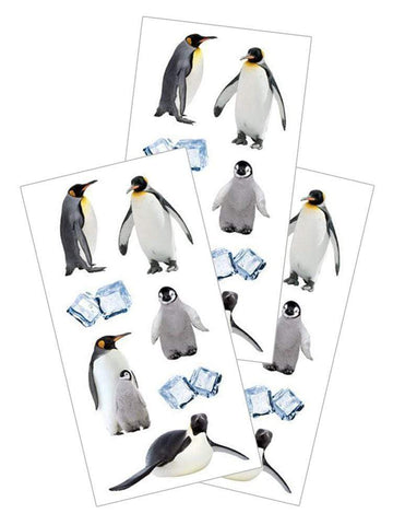 photoreal penguin stickers with different types of penguins and ice cubes