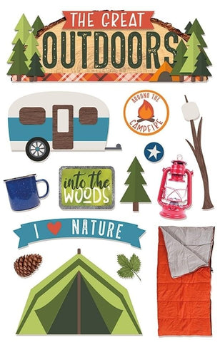 The Great Outdoors 3D Stickers have an assortment of camping themed stickers including retro camper, tent, sleeping bag, lantern, and large title sticker with the words "The Great Outdoors."