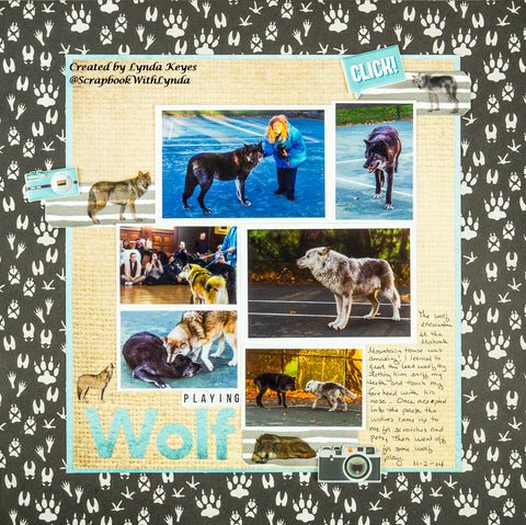 Scrapbook page with photos of wolf encounter experience in shades of grey and tan