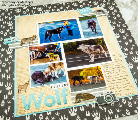 close-up of scrapbook layout showing tan base with photos arranged on top
