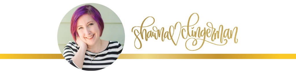 Shawna Clingerman banner with artist's headshot, logo, and gold border