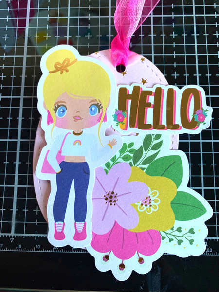 gift tag made with Mommy Lhey stickers including illustrated blonde girl and colorful flowers