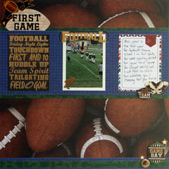 scrapbook page featuring an image of a youth football game set against a background of large footballs