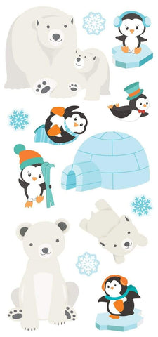 scrapbook stickers featuring polar bears, penguins, and igloos white and light blue tones