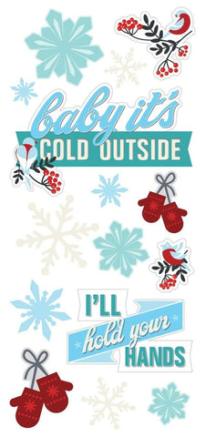 puffy stickers of snowflakes, mittens, and baby it's cold outside designs 