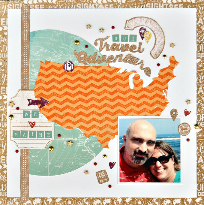 travel scrapbook page layout with large, orange map of the US.