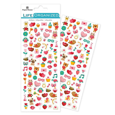 mini stickers shown in package featuring valentine balloons, hearts and strawberries shown overlapping another sheet of stickers.