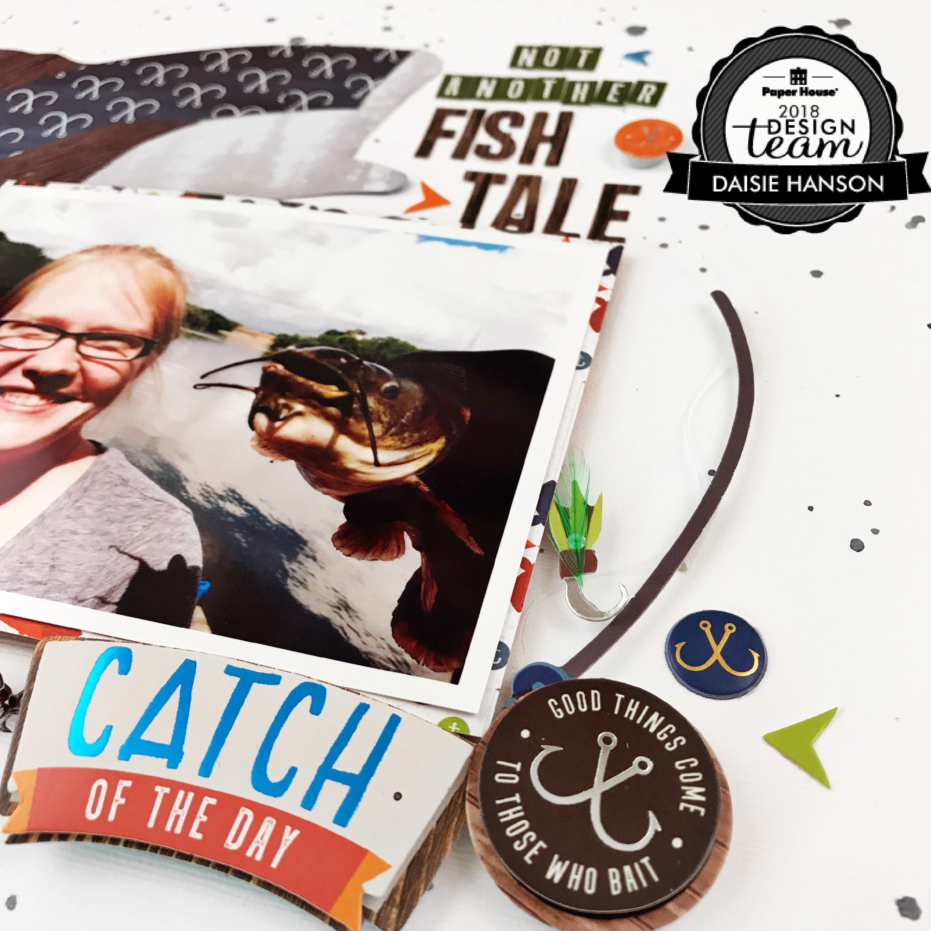 Scrapbook layout documenting fish tales using the Great Outdoors collection