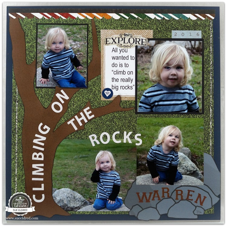 scrapbook layout of blonde toddler boy climbing on rocks