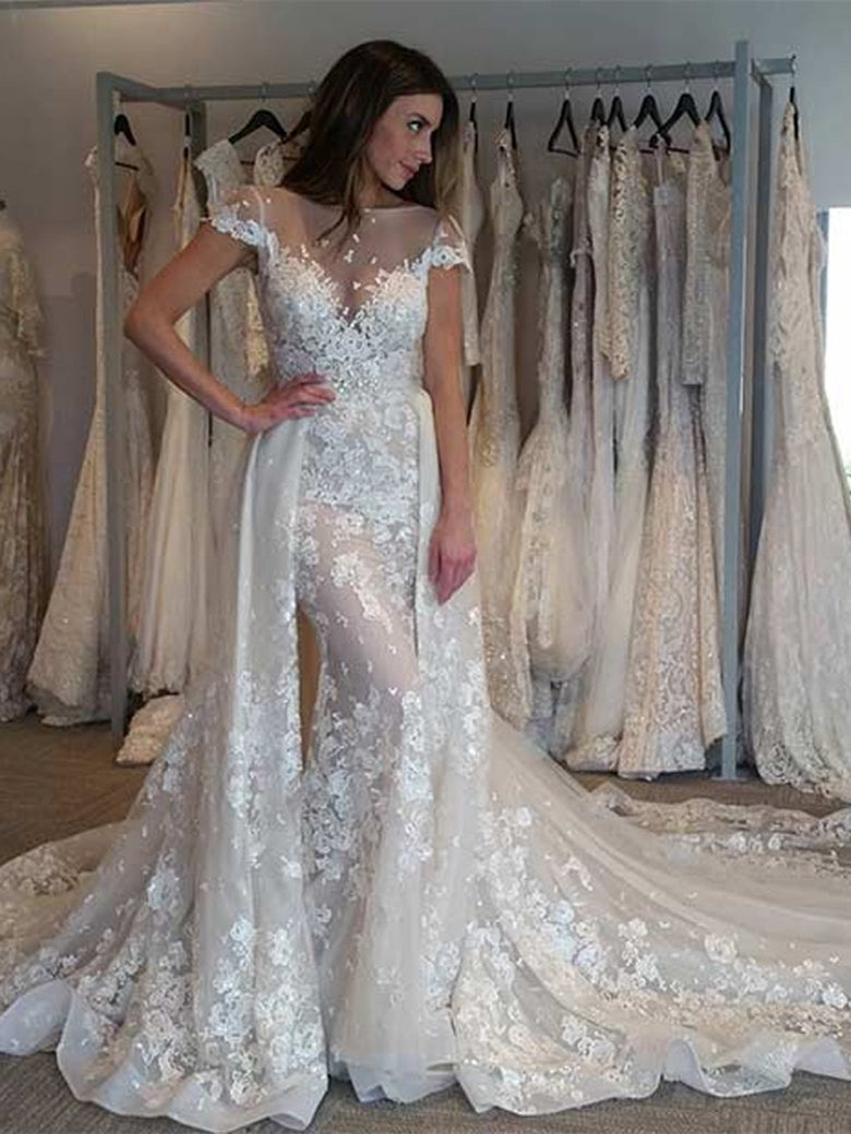 mermaid lace wedding dress with cap sleeves