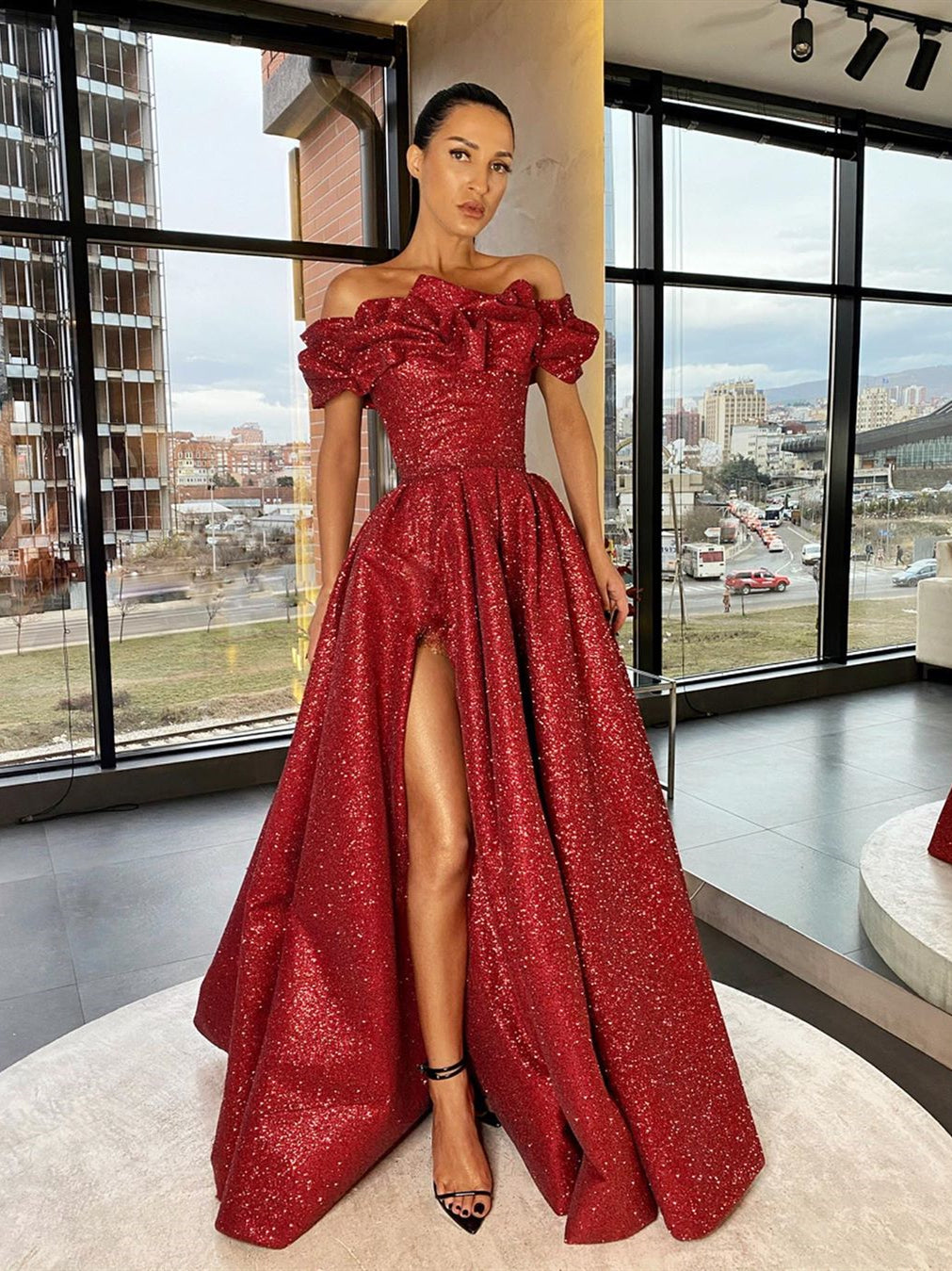 Off Shoulder Long A-line Red Sequin Prom Dresses, High Slit Prom Dress –  Berryera