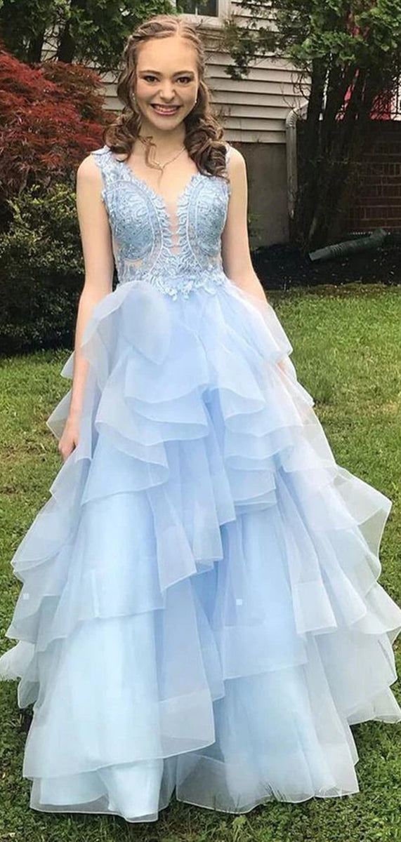 Stylish Fluffy Long Prom Dresses, Light Blue Lace Prom Dresses, New 20