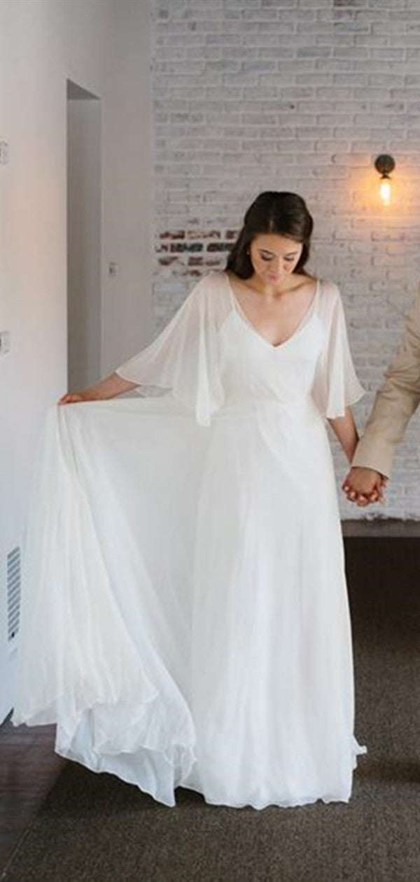 V-neck Half Sleeves Long Wedding Dresses, Backless Beach Wedding Dress –  Berryera