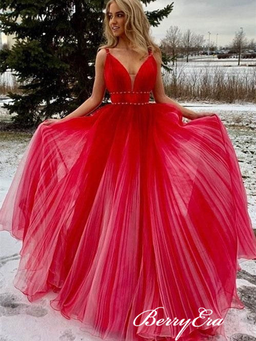 Straps V-neck Red Tulle Prom Dresses, Beaded Long Prom Dresses, Gradient Prom Dresses