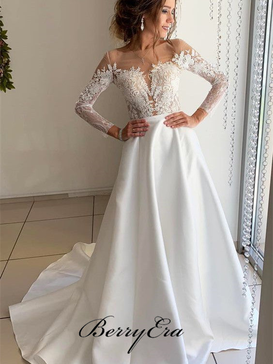 satin wedding dress with lace sleeves