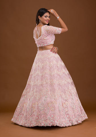 Buy Pink Organza Hand Embroidered Sequins Deep V Lehenga Saree With Blouse  For Women by Roqa Online at Aza Fashions.