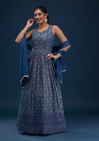 Dark Blue Printed Fit & Flare Ethnic Dress