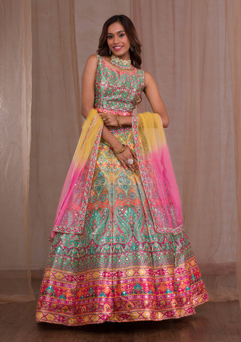Buy Set Of 3: Multicolor Banarasi Jacquard Crop Top, Skirt & Green Silk  Organza Dupatta by Designer TJORI for Women online at Kaarimarket.com