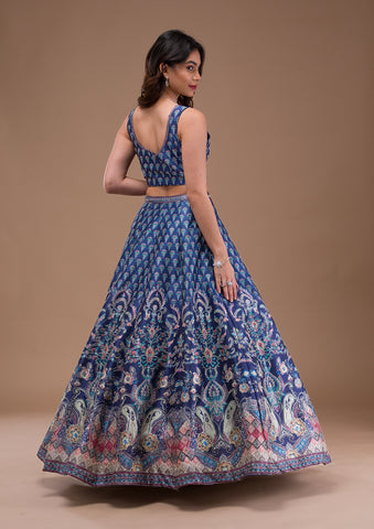 Turquoise Blue Chinon Multicolour Floral Printed Sleeveless Lehenga Set  With Hand Embroidery And Sequins Shop Online at Soch India