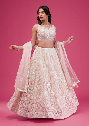 Embroidered Art Silk Scalloped Lehenga in Light Fawn and Blue : LUF3144
