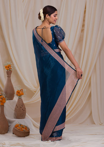 Party wear Silk Teal Blue Contrast Blouse Saree MS1060756