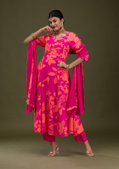 Buy Rani Pink Bandhani Print Satin Readymade Salwar Suit - Koskii