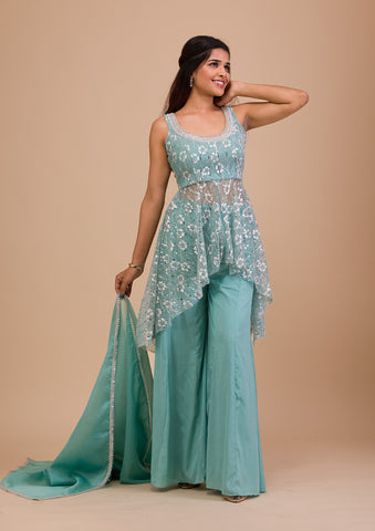 Shop Mint Green Net Embroidered Gown Party Wear Online at Best Price |  Cbazaar