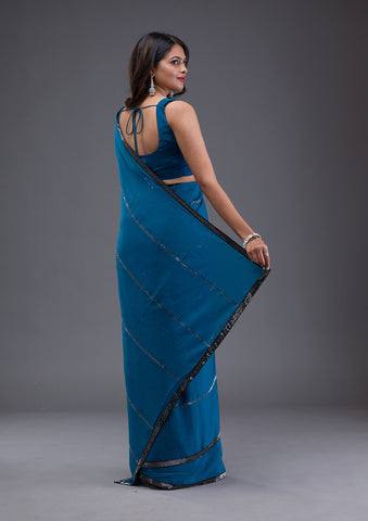 Turquoise Blue Stonework Satin Designer Saree