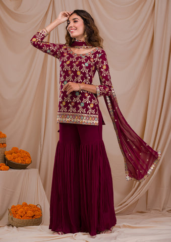 Mustard Silk Zari & Sequins Stitched Sharara Suit Set | Zaveri-Preet-1240 |  Cilory.com
