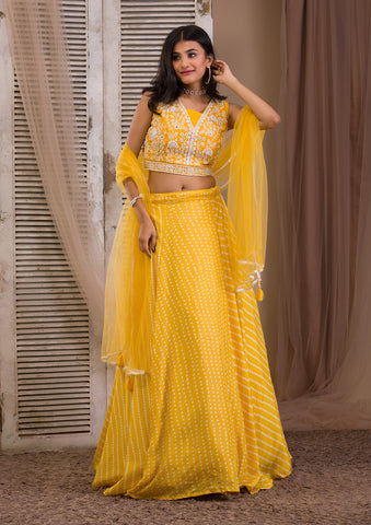 Yellow And Pista Green Color A Line Crop Top Lehenga