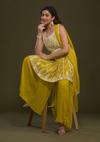 Reception, Wedding Yellow color Crepe Silk fabric Salwar Kameez : 1849814