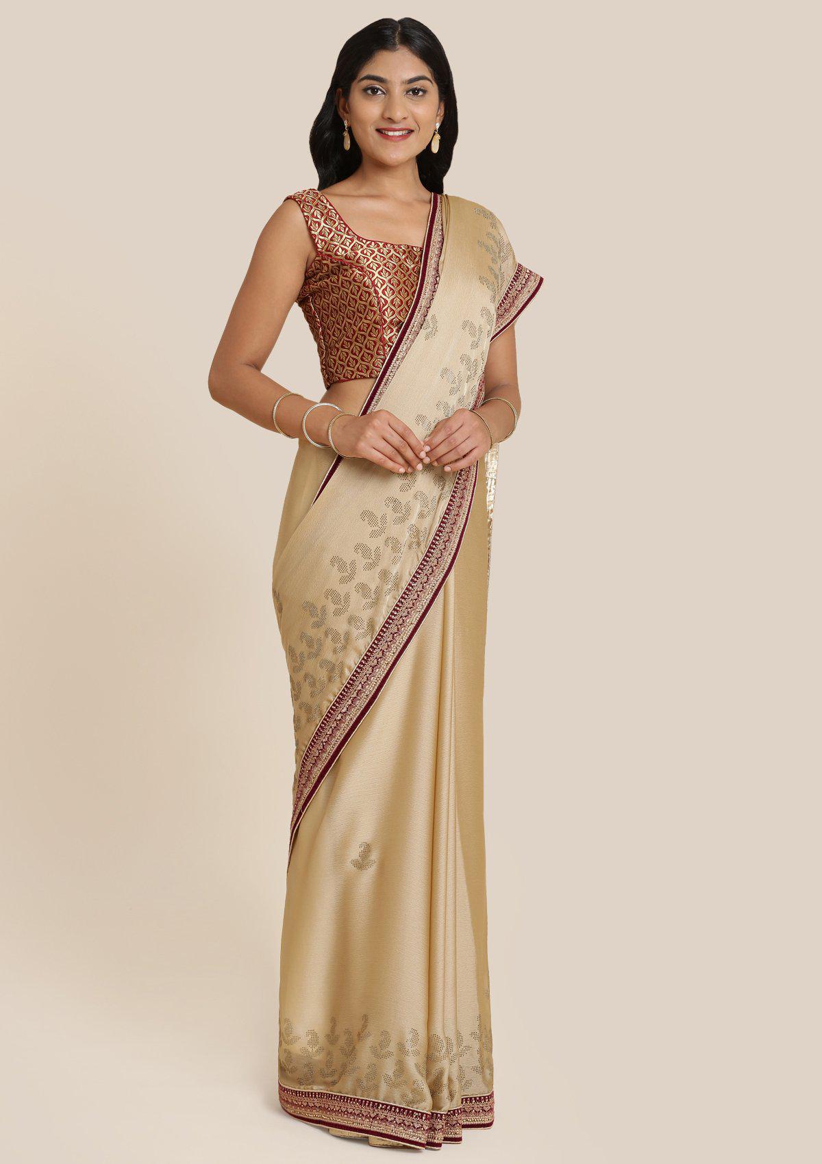 Koskii Women's Gold Swarovski Georgette Designer Saree