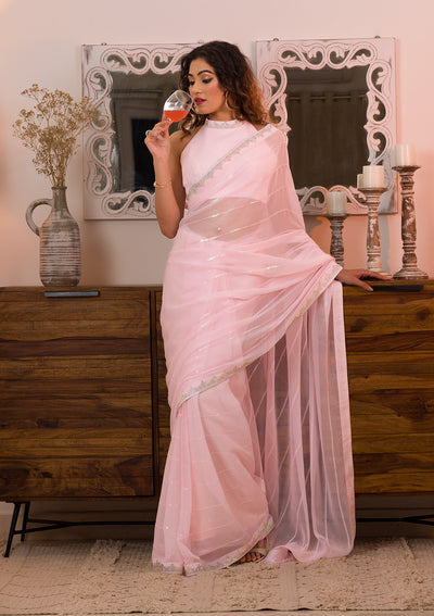 Buy Pink Chiffon Embroidered Zari Saree With Unstitched Blouse Piece For  Women by Priyal Bhardwaj Online at Aza Fashions.