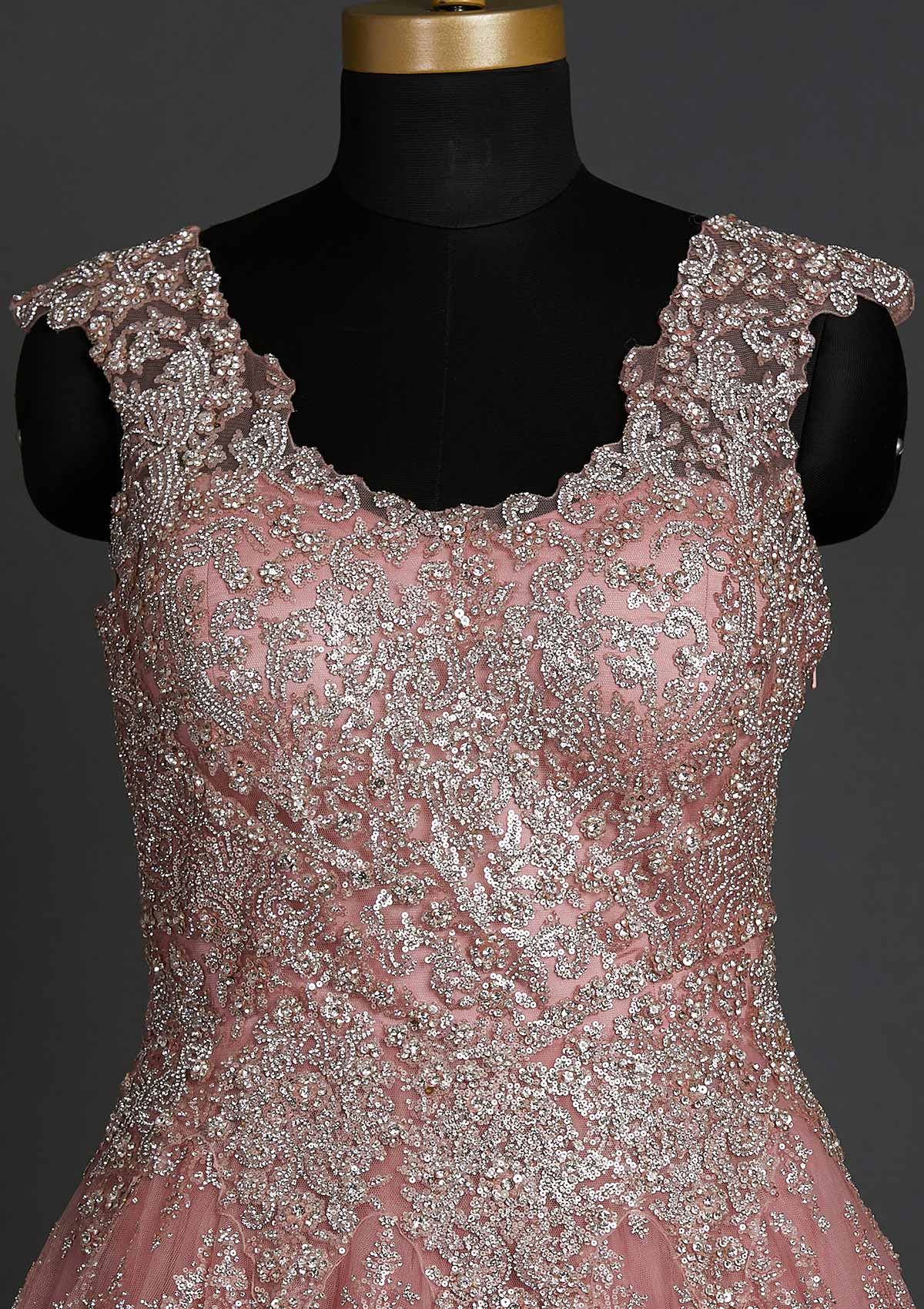 Baby Pink Silver Stonework Net Designer Gown – Koskii