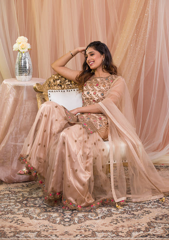Peach And Maroon Embroidered Designer Sharara Suit