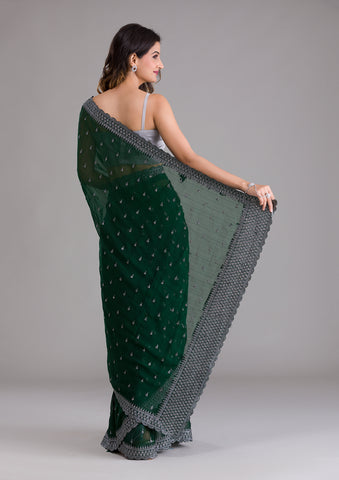 Buy Bottle Green Stonework Georgette Saree - Koskii